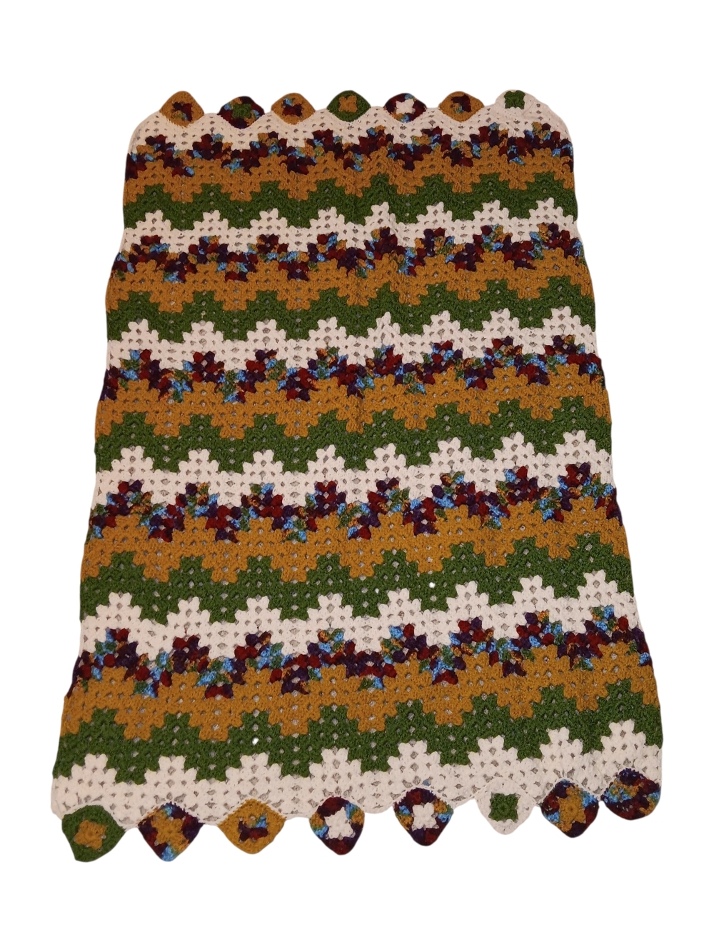 Handmade Crochet Throw Blanket in Mustard, Olive & Cream